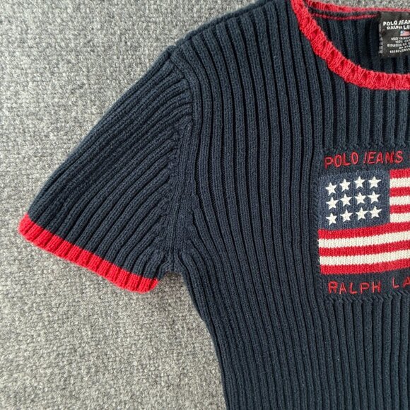 Ralph Lauren Polo Jeans Women Flag Sweater Large Short Sleeve Ribbed Red Blue - Picture 2 of 14